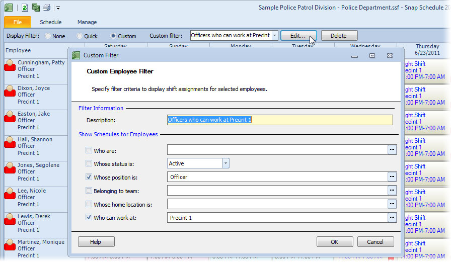 Custom filters in Snap Schedule Employee Scheduling Software 