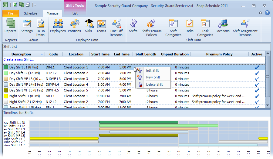 New, edit, or delete shifts